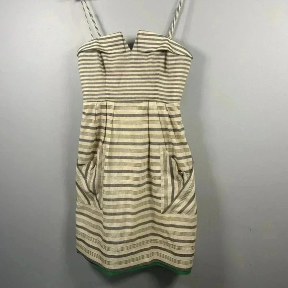 Anthropologie Maeve Changing Stripes Dress Beige Yellow Black Green Size 2 - Picture 2 of 15